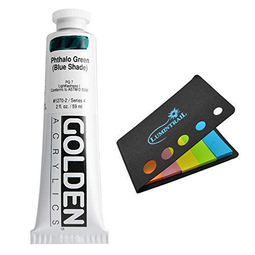 Golden Heavy Body Acrylic - 2 oz Tube Bundle with a Lumintrail Colored Sticky Notes Set (Phthalo Green (Blue Shade), 2 oz Tube)