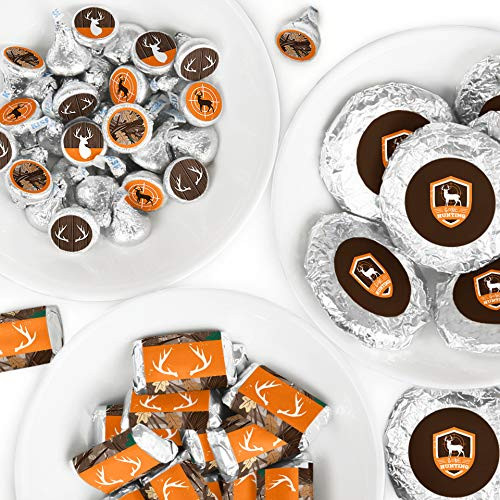 Gone Hunting - Mini Candy Bar Wrappers, Round Candy Stickers and Circle Stickers - Deer Hunting Camo Baby Shower or Birthday Party Candy Favor Sticker Kit - 304 Pieces