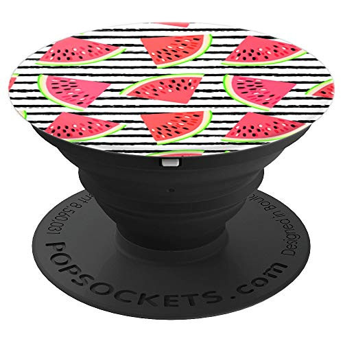 Juicy Watermelon Slices Summer Fruit on White Black Stripes PopSockets Grip and Stand for Phones and Tablets