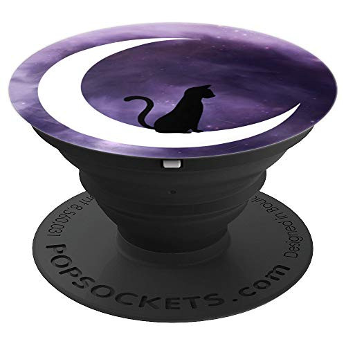 Black Cat Crescent Moon Stars Halloween Gift for Cat Lovers PopSockets Grip and Stand for Phones and Tablets
