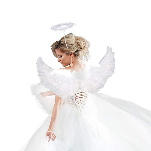 Angel Wings Angel Halo Kids Angel Wings and Halo White Angel Wings for Kids Angel Costumes for Girls Boys Child Feather Wings Halloween Christmas Angel Costume Wings(Angel Wings & Headband Halo)