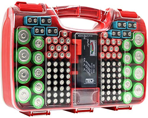 The Battery Organizer Storage Case with Hinged Clear Cover, Includes a Removable Battery Tester, Holds 180 Batteries Various Sizes Red, Model Number: TBO2682