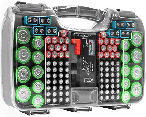 The Battery Organizer Storage Case with Hinged Clear Cover, Includes a Removable Battery Tester, Holds 180 Batteries Various Sizes Gray, Model Number: TBO2699