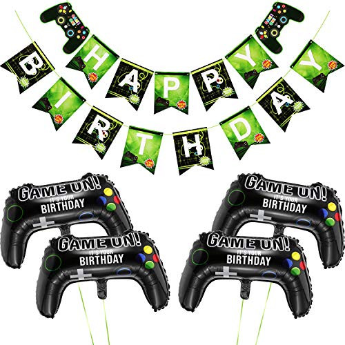 5 Pieces Video Game Party Supplies Include Game on Balloons Video Game Controller Aluminum Foil Balloon and Happy Birthday Gaming Banner for Birthday and Game Party Decorations