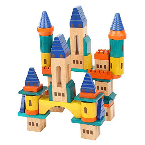 BabyWants Wooden Castle Building Blocks Toy Set Big Solid Beech Wood Block Construction Playset for Kids Fantasy Medieval Castle with Bridges and Arches 69 Pieces Set