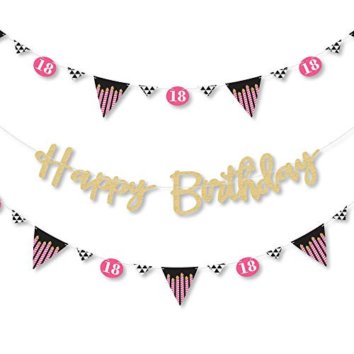Big Dot of Happiness Chic 18th Birthday - Pink, Black and Gold - Birthday Party Letter Banner Decoration - 36 Banner Cutouts - No-Mess Real Gold Glitter Happy Birthday Banner Letters