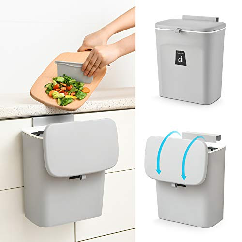 SUBEKYU 2.4 Gal Hanging Trash Can for Kitchen Cabinet Door with Lid, Small Under Sink Garbage Can for Bathroom, Wall-Mounted Counter Waste Compost Bin, Plastic (Grey)