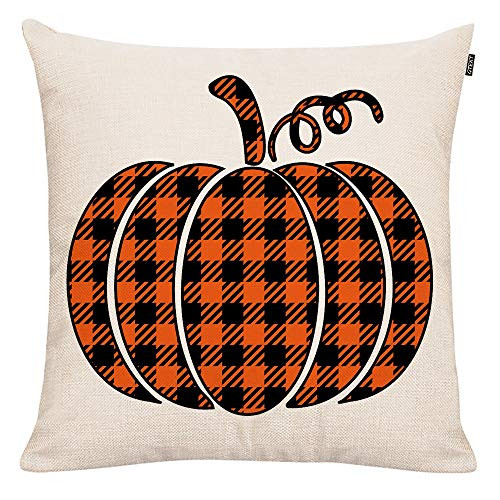 GTEXT Farmhouse Buffalo Check Pumpkin Throw Pillow Cover Orange and Black Plaids Pumpkin Pillow Farm Decorative Couch Pillow Cases Cotton Linen Pillow Country Style 18x18 inch