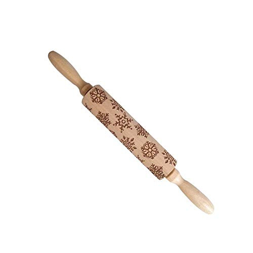 Volwco Christmas Embossed Rolling Pin for Baking, Classic Wood Engraved Embossing Rolling Pin with Deer Tree Pattern Professional Dough Roller Embossed Cookies with Easy Roll Bearings