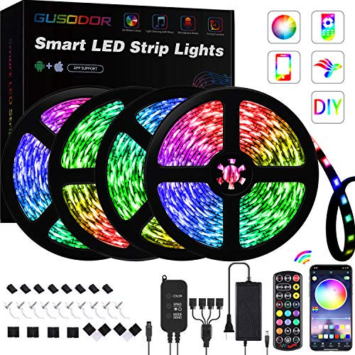 GUSODOR LED Strip Lights 65.6ft RGB Light 5050 LEDs Tape Strips Rope Light Music Sync Colors Changing with 24-Key Remote + Bluetooth Controller for Home TV Party - Smart APP Controlled [ Black Kit ]