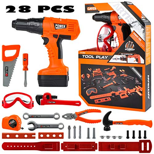 Kids Tool Set Durable Pretend Play Construction Tool Set Realistic Construction Tool Toy Contains Toy Hammer, Goggles, Electric Drill and 28 pcs Play Tools (Orange)