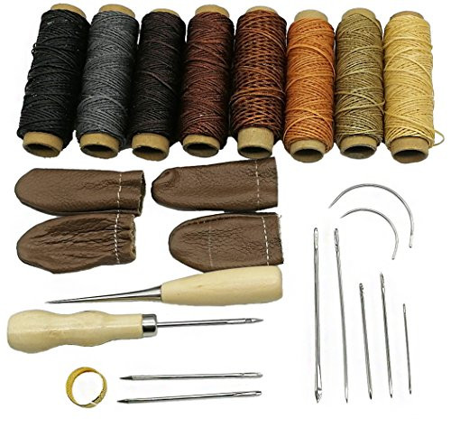 HanTof 24 Pcs Leather Hand Sewing Craft Tools,8 Colors Leather Sewing Stitching Waxed Thread and Hand Sewing Needles,Drilling Awl,Thimble,Finger Protectors for Curved Upholstery,Carpet,Canvas Repair