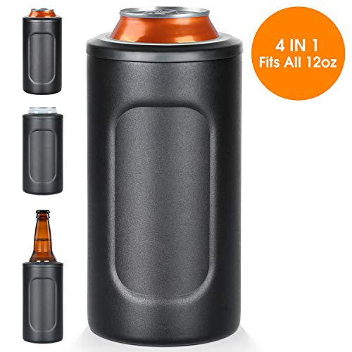 Skinny Can Coozie, 4-IN-1 Can Cooler for 12oz Slim Cans, Regular Cans, Bottles & As Tumbler, Beer Coozies Insulated Double-walled Stainless Steel, Sweat-Free, Perfect for Home, Party & Picnic