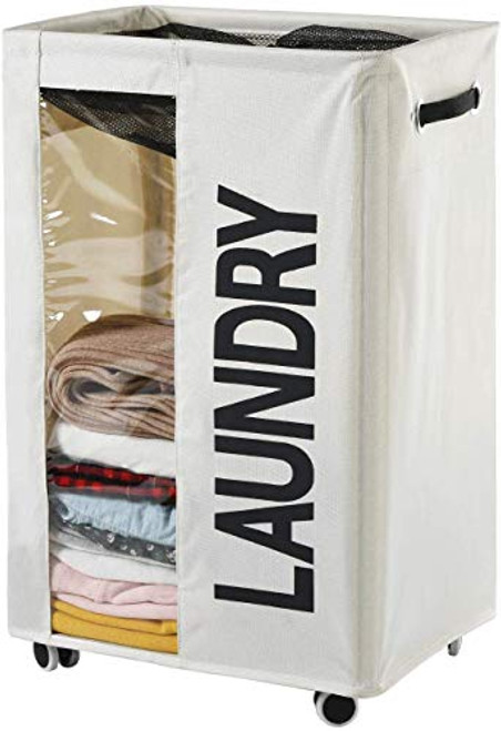 Haundry 85.8L Extra Large Laundry Basket Hamper on Wheels Clear Window Tall Dirty Clothes Hamper Organizer with Handles Collapsible Rolling Storage Bins Bathroom Bedroom
