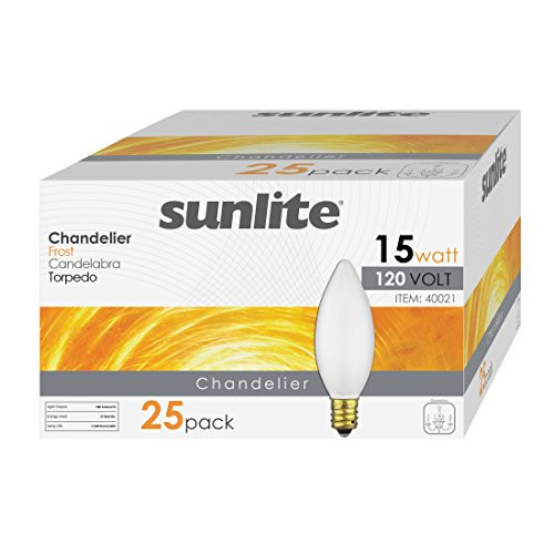 Sunlite 15CTF/25/25PK 15W Incandescent Petite Chandelier Light Bulb, Candelabra (E12) Base, Frosted Bulb (25 Pack)