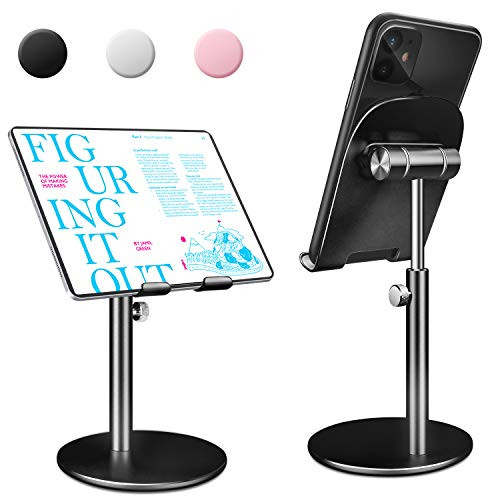 Swhatty Cell Phone Stand Universal Tablet Dock, Angle Height Adjustable Sturdy All Aluminum Alloy Stable Phone Holder for Desk, Compatible with Mobile Phone/iPad 4.7"-12.9" Screen (Black)