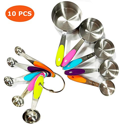VOJACO Measuring Cups and Spoons Set (10-Piece), Stainless Steel Measuring Cup and Spoon with Soft Silicone Handles, Stackable Metal Kitchen Tools and Gadgets for Dry and Liquid Ingredients for Baking
