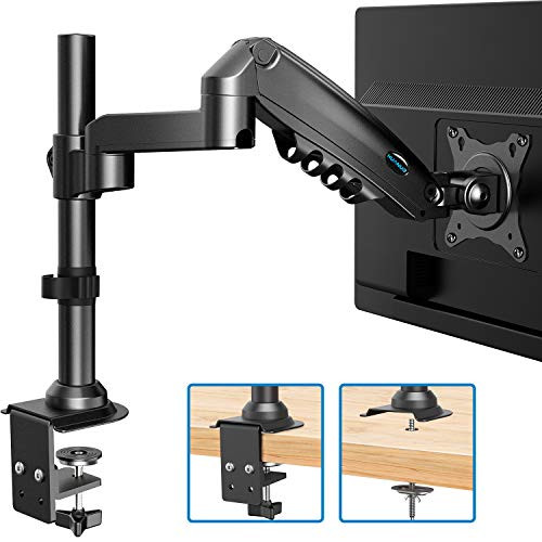HUANUO Single Monitor Stand - Gas Spring Single Arm Monitor Desk Mount Fit 17 to 32 inch Screens, Height Adjustable VESA Bracket with Clamp, Grommet Mounting Base, Hold up to 19.8lbs