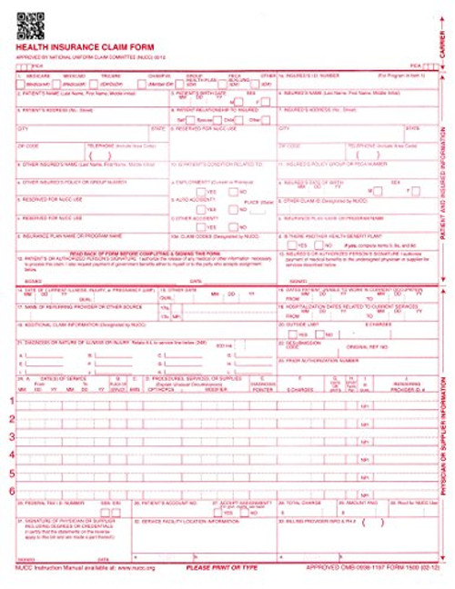 New CMS 1500 Claim Forms - HCFA (Version 02/12) 1000 per Box