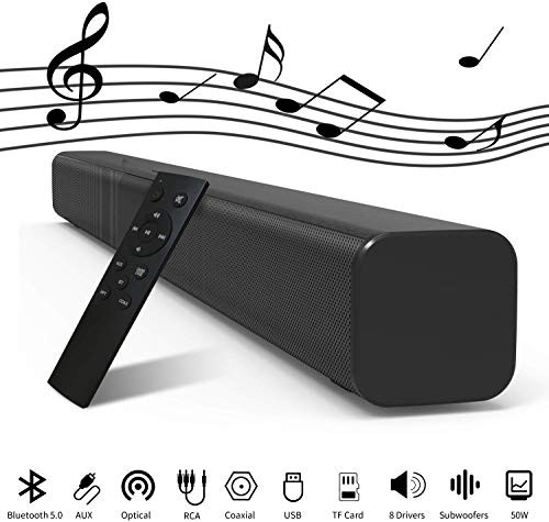 32-Inch TV Soundbar with Built-in Subwoofers, 8 Drivers Bluetooth 5.0 Speaker Wired & Wireless 3D Surround Stereo Sound Bar, Optical/Aux/RCA/TF/Coax Connection, Wall Mountable, Remote Control, 50Watts