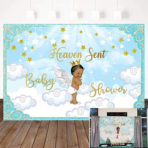 Mocsicka Heaven Sent Baby Shower Backdrop Angel Wings Prince Baby Shower Party Decorations 7X5ft Vinyl Heaven Sent Boy Baby Shower Party Banner Photography Background