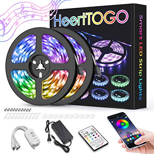 LED Strip Lights for Bedroom 32.8ft HEERTTOGO Waterproof IP65 300 LEDs 5050 RGB LED Lights Strip Music Sync Color Changing RGB LED Strip with Blutooth IR Remote Controller and Wired Controller