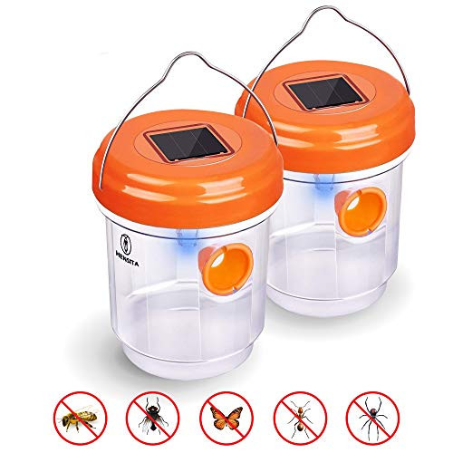 HENSITA Wasp Trap - Effective and Reusable Insect Traps Outdoor for Trapping Wasps, Hornets, Flies and Bugs - Solar Powered Wasp Killer (2 Packs)