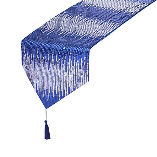 PartyDelight 12"X72" Navy Blue and Silver Sequin Table Runner for Table Top Decoration, Family Dinners, Coffee Table Runner, Party, Wedding and Everyday use.
