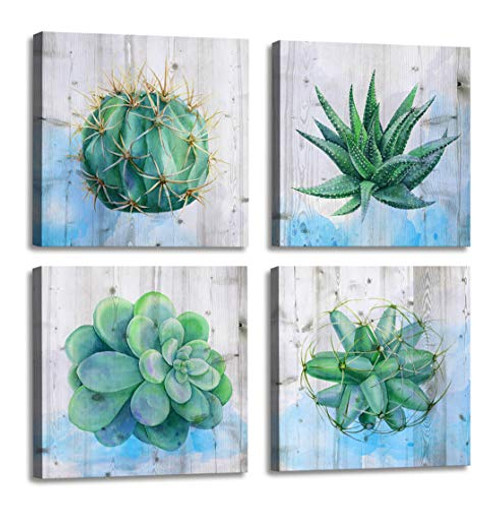 Wall Art for Living Room Cactus and Succulent Plants Watercolor Painting Office Wall Decor - 4 Panels Canvas Artwork Framed Art Giclee Green Wall Art Canvas Prints for Bathroom Home Decor 4pcs/set