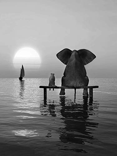 Framed Wall Art Animal Resting Elephant Look at The Moon Wall Pictures Giclee Bedroom Decor on Canvas Stretched Artwork Living Room Bedroom Ready to Hang