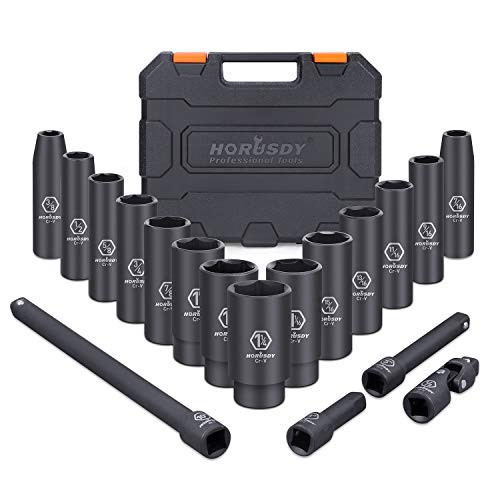 HORUSDY 1/2-Inch Drive Deep Impact Socket Set, 6 Point, 18-Piece 3/8-1-1/4 inch Drive Impact Sockets Set