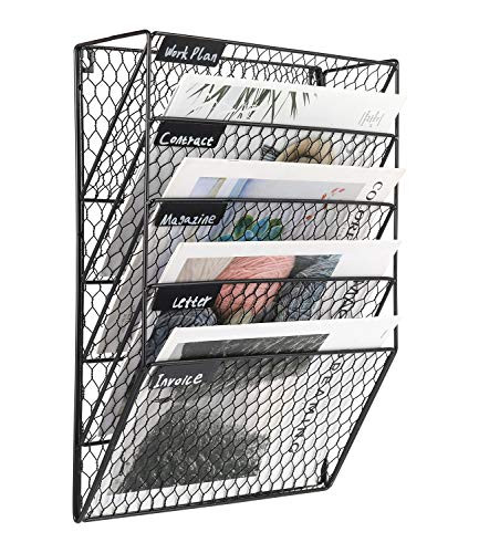 PAG 5 Tier Wall File Holder Hanging Mail Organizer Metal Chicken Wire Wall Mount Magazine Rack for Home and Office, Black