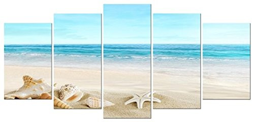 Pyradecor Seashell 5 panels Seascape Canvas Prints Landscape Pictures Paintings Modern Stretched Canvas Wall Art Sea Beach Pictures Artwork for Home Decor