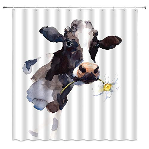 Milk Cow Shower Curtain Watercolor Farm Animal Cow Daisy Flower Rustic Art Home Bathroom Decor Quick Dry Fabric Curtain with 12 Hooks?70x70 Inch?White Black