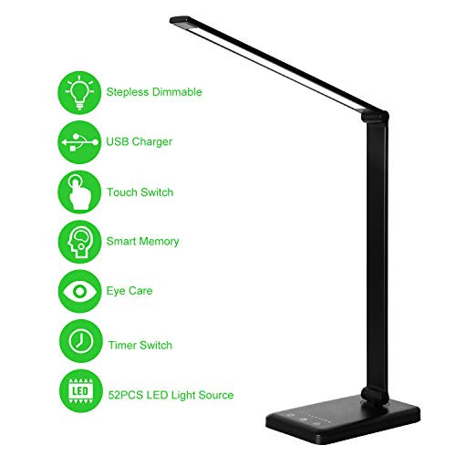 LED Desk Lamp,Eye-Caring Table Lamps,Stepless Dimmable Office Lamp with USB Charging Port,Touch/Memory/Timer Function,25 Brightness Lighting,Foldable Lamp for Reading,Studying,Working,Himigo