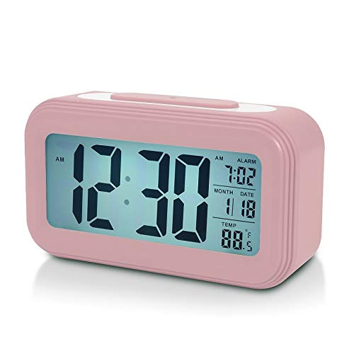 Battery Digital Alarm Clock for Bedroom, 4.5" LCD Display Bedside Alarm Clock with Snooze, Backlight, Night Light, Date and Temperature, Sleep Timer for for Heavy Sleepers, Elderly, Teens (Pink)