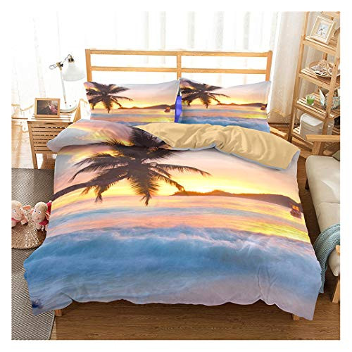 Ocean Duvet Cover Set Twin Size, Tropical Island with The Palm Trees and Sea Beach Nature Theme Print, A Decorative 2 Piece Bedding Set with 1 Pillow Shams, Turquoise Blue