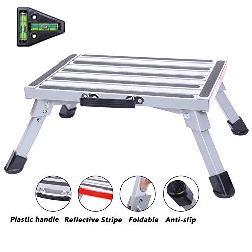 Homeon Wheels Safety RV Steps 16.5" x 12.2" RV Step Stool Folding Platform Step with Non-Slip Durable Feet, Reflective Stripe, Grip Handle, RV T Level More Stable Supports Up to 1000 lbs