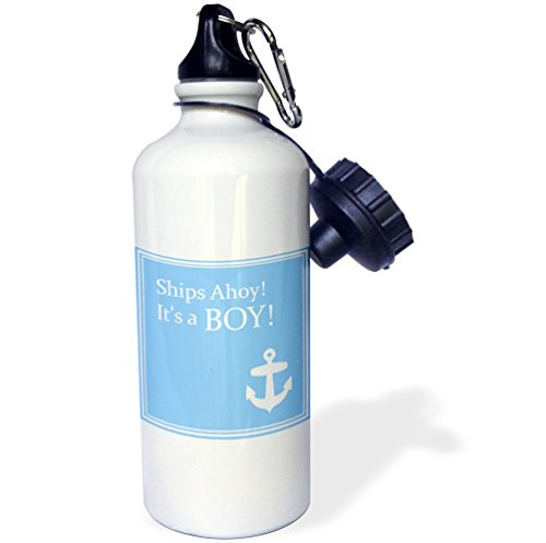 3dRose Ships Ahoy Its A Boy for Baby Showers Light Powder Blue with White Anchor Sailor Nautical Theme Sports Water Bottle, 21 oz, White