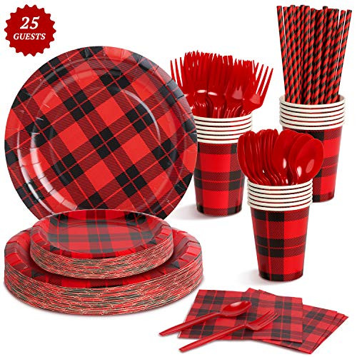 Decorlife 225PCS Buffalo Plaid Party Supplies, Lumberjack Party Plates and Napkins Set, Birthday Party Plates, Cups, Straws, Forks and Spoons - 25 Guests
