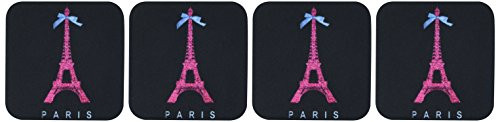3dRose CST_112908_1 Hot Pink Paris Eiffel Tower from France with Girly Blue Ribbon Bow-Black Stylish Modern France-Soft Coasters, Set of 4