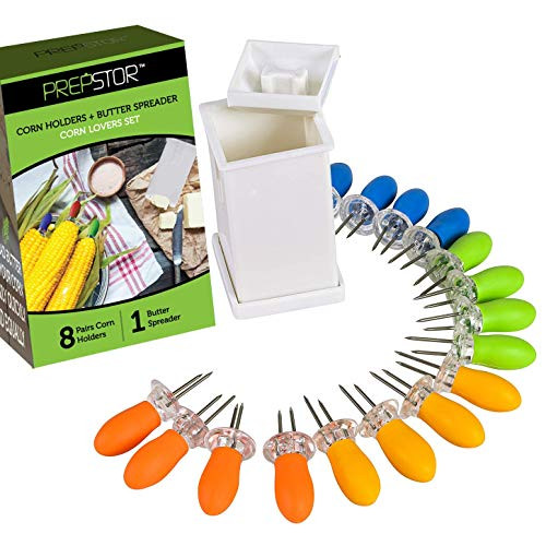 Corn Holders & Butter Spreader Set  8 Pairs of Comfortable Stainless Steel Jumbo Corn cob holders & Convenient Butter Spreading Tool  Interlocking Corn on Cob Prong Skewers with Assorted Colors
