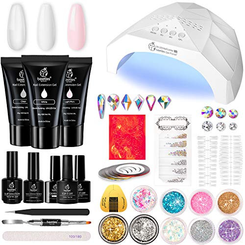 Beetles Poly Gel Extension Nail Kit, 3 Colors Nail Extension Gel with 48W Nail Lamp Slip Solution Nail Strengthener Rhinestone Glitter All In One for Nail Manicure Beginner Starter Kit