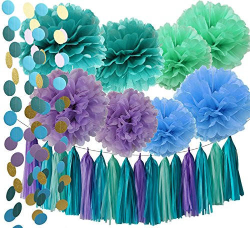 Under the Sea Party Supplies/Mermaid Decorations Teal Purple Blue Mint Tissue Pom Poms First Birthday Decorations Baby Shower Decorations Purple Mermaid Party Supplies/Mermaid Bridal Shower Decor