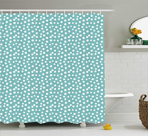 Ambesonne Turquoise Shower Curtain, Retro Vintage 60s 50s Inspired Geometric Polka Dots Romantic Art Print, Fabric Bathroom Decor Set with Hooks, 70 Inches, White and Light Blue
