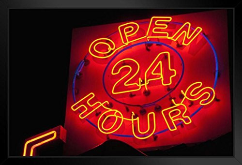 Illuminated Open 24 Hours Neon Sign Photo Art Print Black Wood Framed Poster 20x14 Illuminated Open 24 Hours Neon Sign Photo Art Print Black Wood Framed Poster 20x14