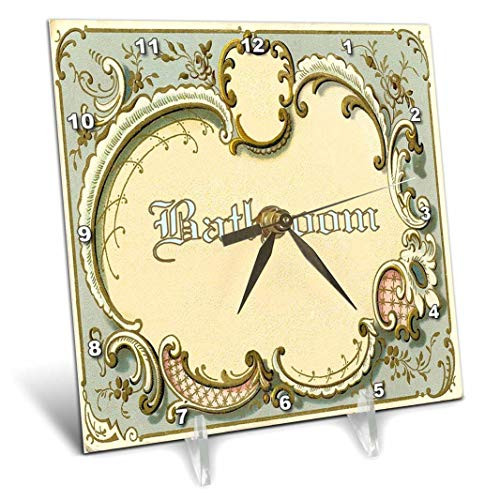 3D Rose Image of Gold and Aqua Victorian Style Bathroom Sign Desk Clock, 6" x 6"