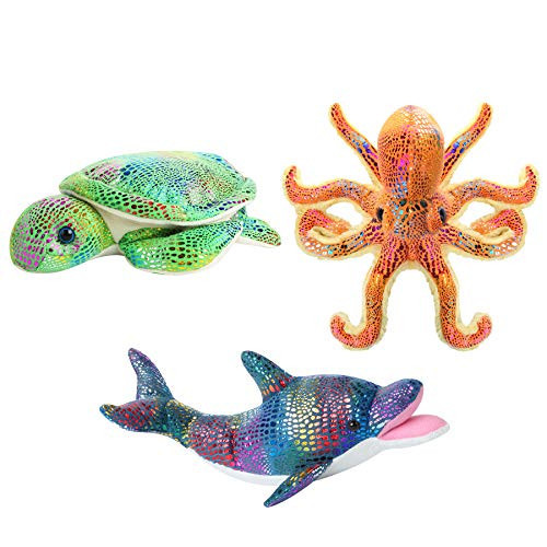 Dazmers Sea Stuffed Animals Set  Glitter Sea Animals Plush Toys Set of 3 Ocean Sea Creatures  Octopus, Dolphin and Sea Turtle Stuffed Animal  Soft, Squeezable and Sparkly  Great Gift for Kids