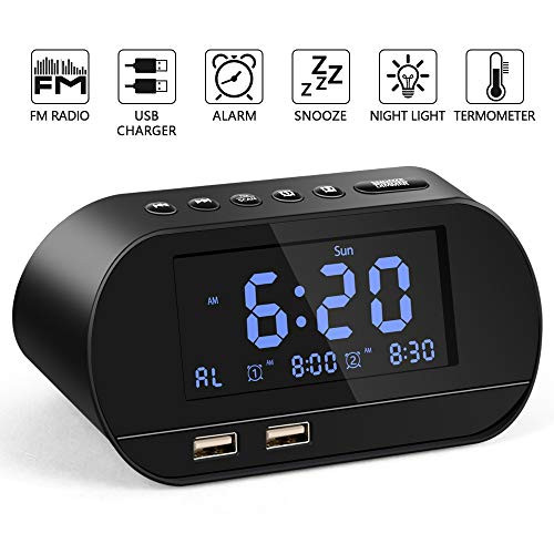 Alarm Clock Radio, Radio Alarm Clock with FM Radio for Bedroom, Digital Alarm Clock with Dual USB Charger Ports Battery Backup Dual Alarms and 6 Alarm Sounds,Dimmer LED Display,Snooze Sleep Timer