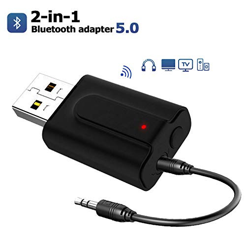 Baiway Bluetooth 5.0 Transmitter Receiver for TV PC, 2-in-1 Wireless 3.5mm Audio Adapter, Portable AptX Low Latency AUX Adapter, USB Power Supply, for Home Sound Stereo System Headphones/Speakers